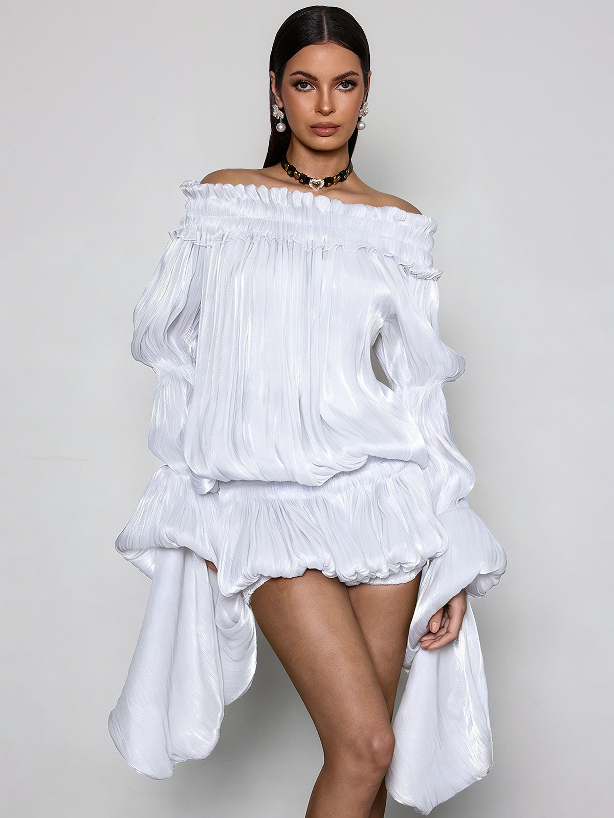 Conjunto de Vestido Blanco Arrugado Sin Hombros Salyxen