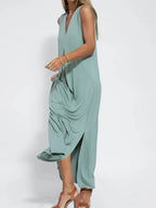 Vestido Maxi de Talla Grande Sin Mangas con Cuello en V