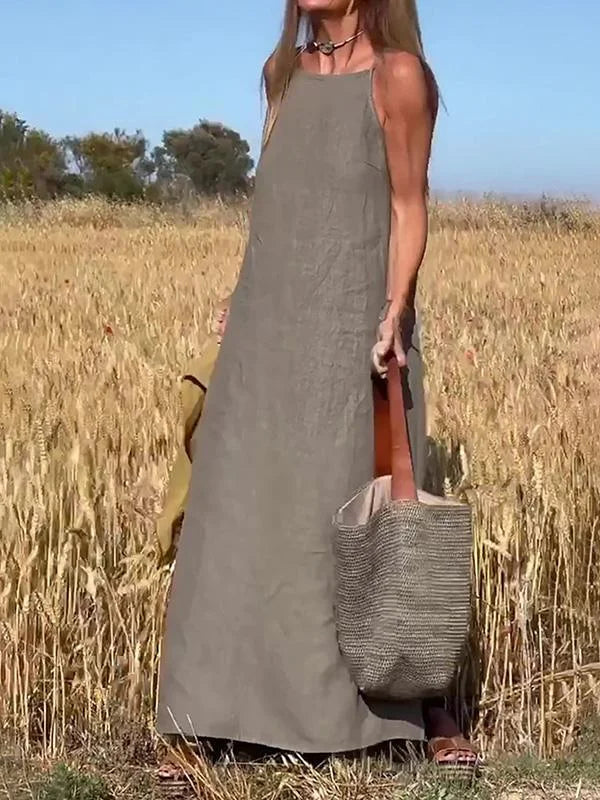 Vestido largo casual de algodón y lino para mujer