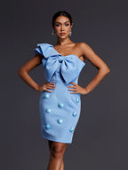 Vestido Mini Adhra de Un Hombro con Lazo y Detalle Floral