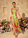 Vestido Maxi Verde Alikae Sin Tirantes con Estampado
