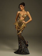 Vestido Maxi Sin Tirantes Arygon en Negro y Dorado con Corte y Detalles de Cristales
