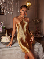 Vestido Corto Halter con Flecos Bluma en Color Bronce