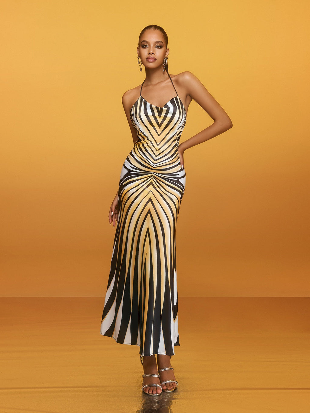 Halter Neck Striped Midi Dress - Brazia