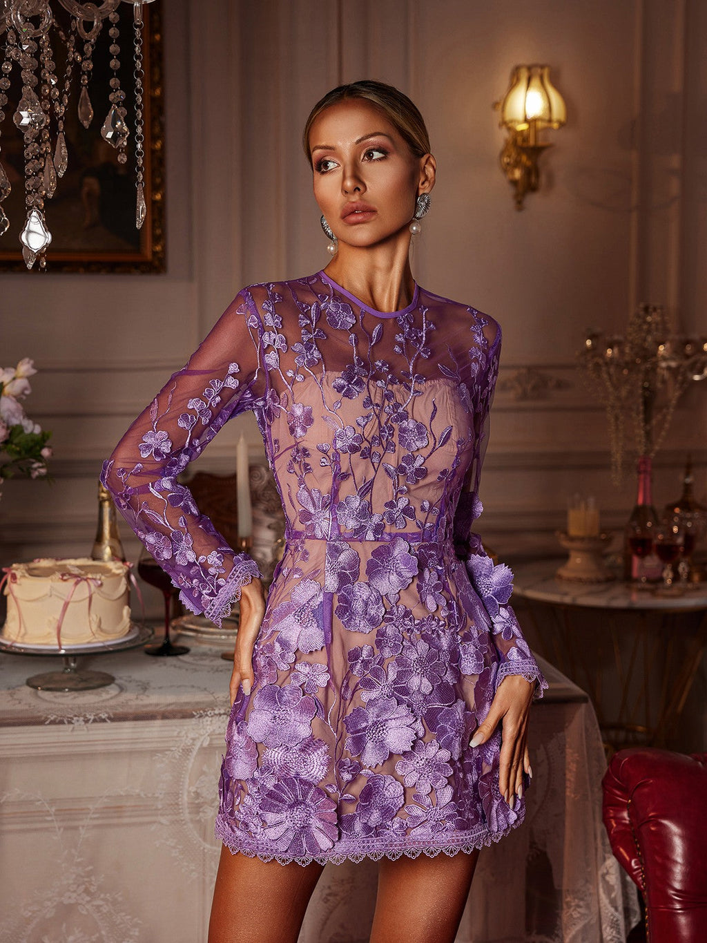 Vestido Corto de Manga Larga con Bordado Floral Dallan