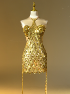 Vestido Corto con Flecos de Rhinestones Diego en Dorado