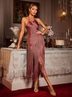 Vestido Midi Edaline con Flecos y Cuello Halter