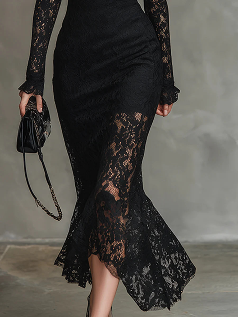 CAMILLA | VESTIDO MAXI DE ENCAGE ELÁSTICO CON DETALLE DE COLA DE PEZ