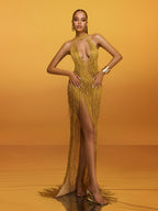 Vestido Maxi Dorado con Flecos y Escote Halter Elvrik