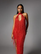 Elvrik Maxi Vestido Rojo con Corte Halter y Flecos