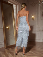 Vestido Midi Sin Tirantes con Flecos de Lentejuelas de Gerardi