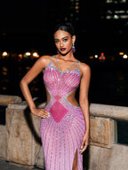 Maxi Vestido de Cristal en Tonos Gris y Rosa Fucsia