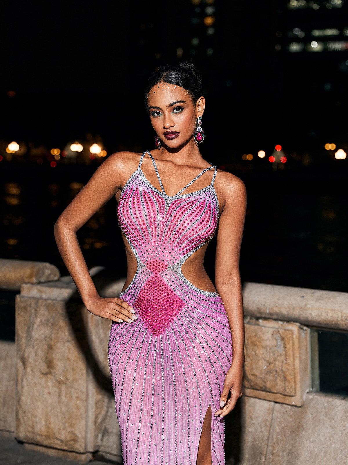 Maxi Vestido de Cristal en Tonos Gris y Rosa Fucsia