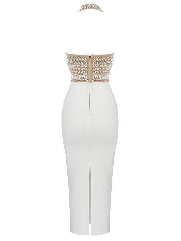 Vestido Halter Beige Isabella con Detalles de Perlas Bandage