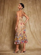 Vestido Midi con Bordado Floral Kohen y Cuello Halter