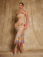 Vestido Midi con Bordado Floral Kohen y Cuello Halter