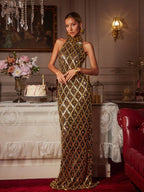 Vestido Maxi Liora en Oro con Lentejuelas y Cristales