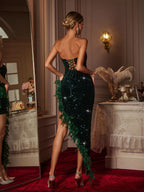 Vestido Maxi Esmeralda Sin Tirantes con Lentejuelas y Detalles de Plumas Lois
