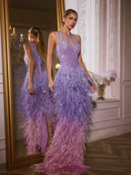Vestido Maxi Saelyvira en Púrpura con Rhinestones y Flecos
