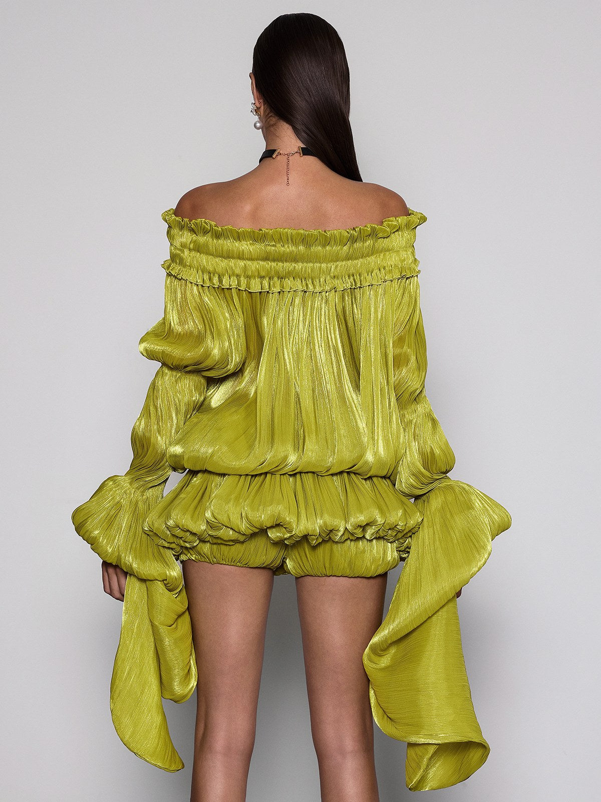 Conjunto de Vestido Arrugado sin Mangas Salyxen en Chartreuse