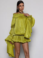 Conjunto de Vestido Sin Hombros Arrugado Salyxen en Color Chartreuse
