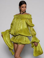 Conjunto Salyxen de Vestido Arrugado Sin Hombros en Color Chartreuse