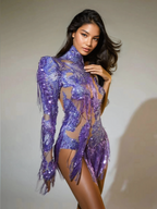 Vestido Bodycon de un solo hombro Shatora con flecos de strass en púrpura