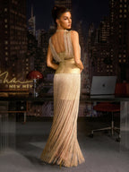 Vestido Maxi de Vendaje con Flecos Zavelyn en Dorado